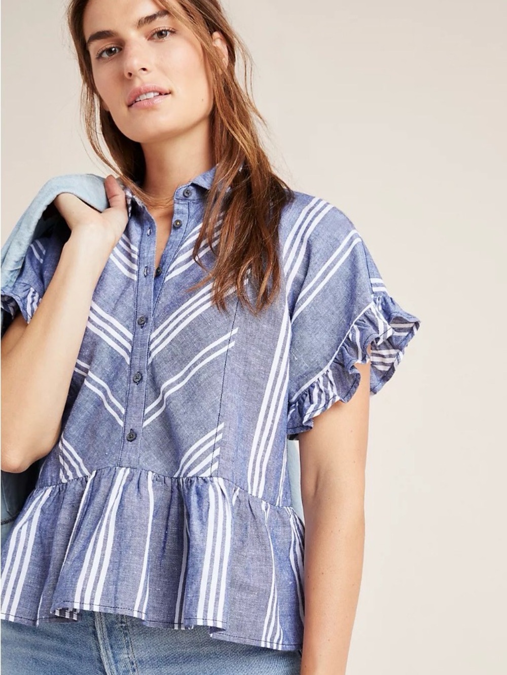 Anthropologie Blue and White Striped Ruffle-Sleeve Peplum Top
